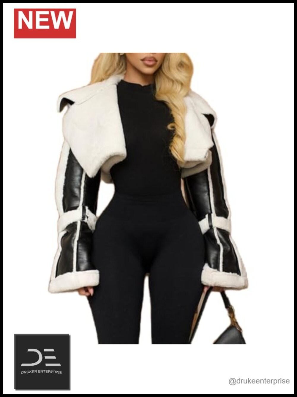 Womens Faux Leather Crop Jacket Fleece Patchwork Large Lapel Winter Streetwear